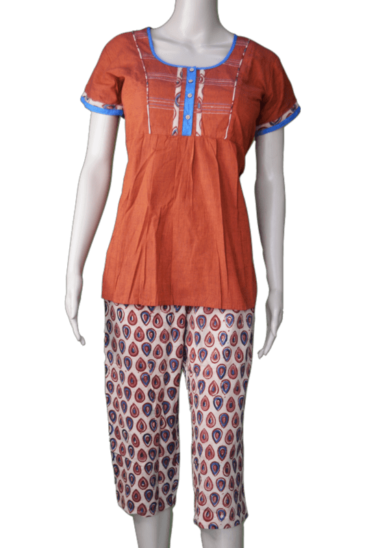 Maybell Women s Cotton Printed Night Suit Pyjama Set Brown Pattern